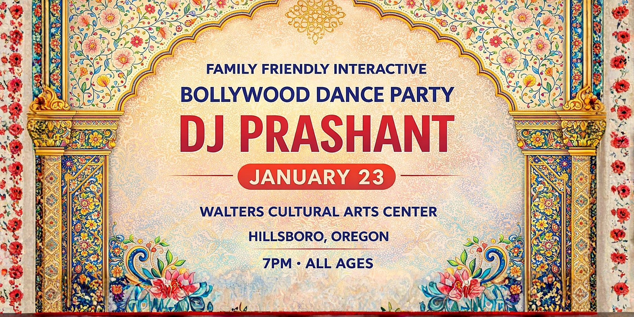 All ages interactive Bollywood dance party with DJ Prashant at Walters Cultural Arts Center in Hillsboro, families and kids learning choreography then dancing together on the floor.