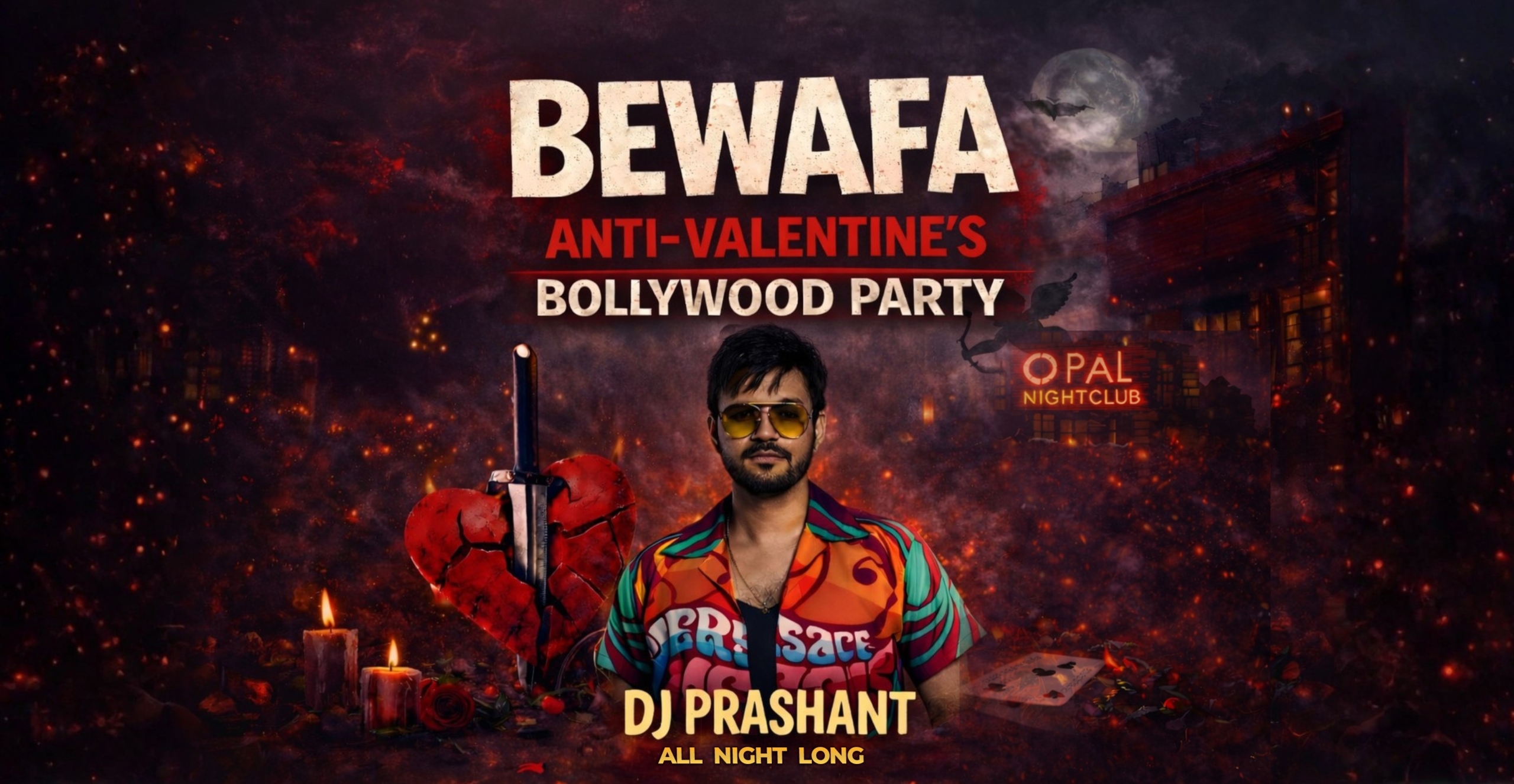 Bewafa Anti‑Valentine’s Bollywood Party at Opal Social Club in the Bay Area with DJ Prashant on stage, red and neon club lights, and a packed 21+ crowd dancing to love and heartbreak anthems.