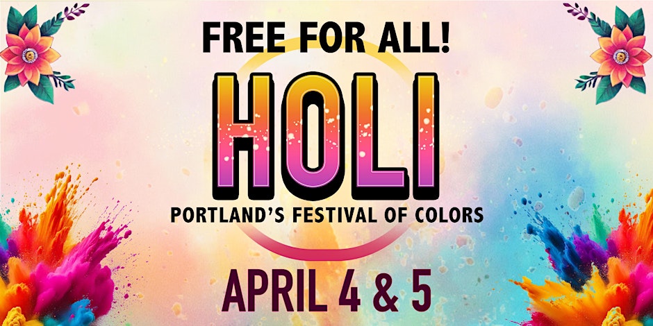 Holi Festival of Colors at Pioneer Courthouse Square in Portland with DJ Prashant on stage, all‑ages crowd dressed in white throwing vibrant color powder into the air.