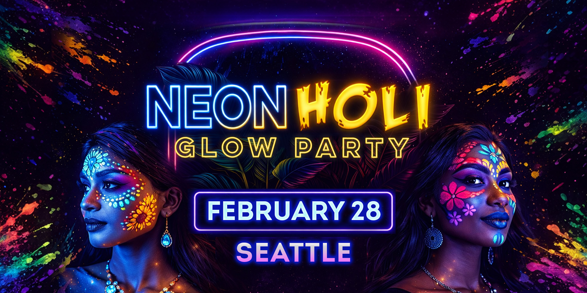 Neon Holi Festival of Colors Bollywood Glow Party at Mirra near Seattle with DJ Prashant on stage, blacklights, neon face and body paint, and a packed 21+ crowd dancing under festival of colors visuals.