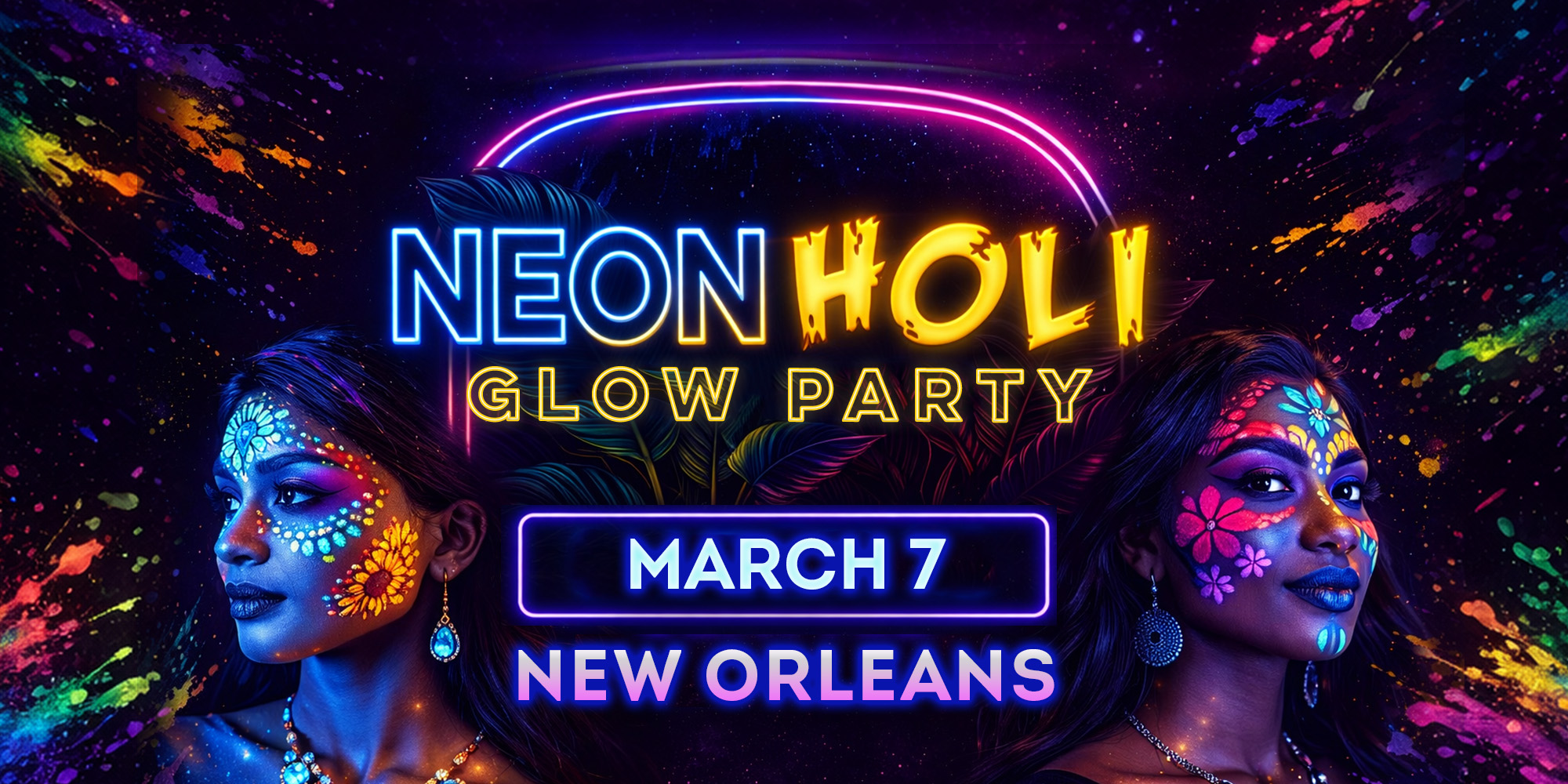 Neon Holi Festival of Colors Bollywood Glow Party at Cafe Istanbul in New Orleans with DJ Prashant on stage, UV blacklights, neon face and body paint, and a 21+ crowd dancing in bright colors.