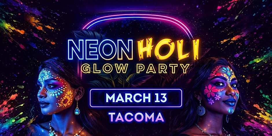 Neon Holi Festival of Colors Bollywood Glow Party at Jazzbones in Tacoma with DJ Prashant on stage, blacklights, neon face paint, and a packed 21+ crowd dancing in bright colors. 
