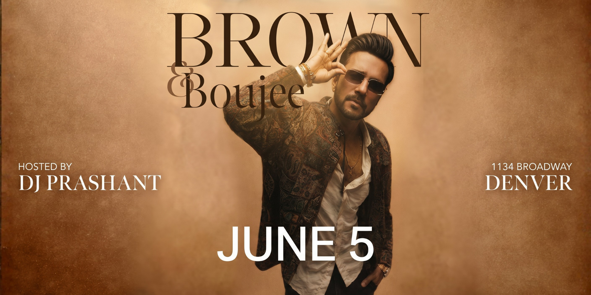 Brown & Boujee Desi Pop Night at 1134 Broadway in Denver with DJ Prashant on stage, an upscale 21+ crowd, and a dance floor filled with modern South Asian club energy.