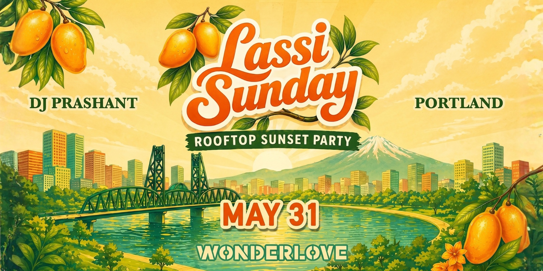 Lassi Sunday rooftop day party at Wonderlove in Portland with DJ Prashant on the decks, guests sipping mango lassi drinks at sunset and dancing with the city skyline in the background. 