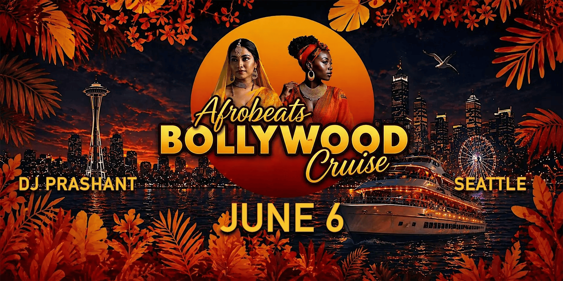 Fusion Afrobeats x Bollywood cruise party on The Hiyu in Seattle with DJ Prashant on deck, 21+ crowd dancing under club lights, and the city skyline glowing in the background.