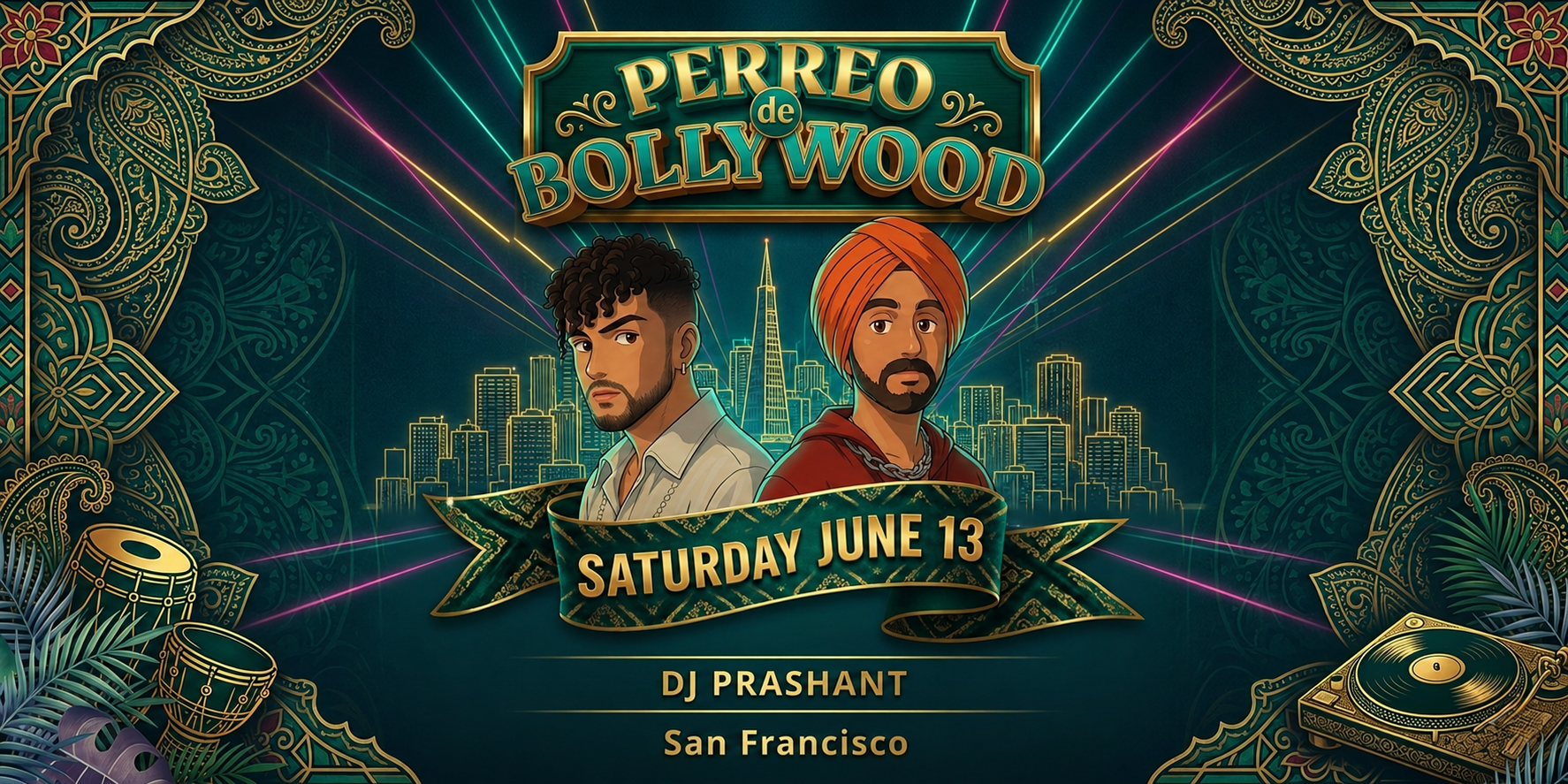 Perreo de Bollywood Desi Reggaeton Party at Paname SF in San Francisco with DJ Prashant on stage, a packed 21+ dance floor, and Latin-Desi club lights.