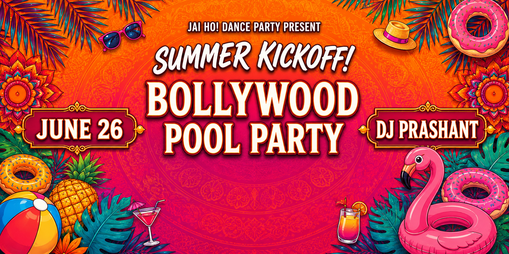 Summer Kickoff Bollywood “Pool” Party at Wonderlove in Portland with DJ Prashant on stage, beach‑themed décor, tropical party favors, and a packed 21+ crowd dancing into the night.
