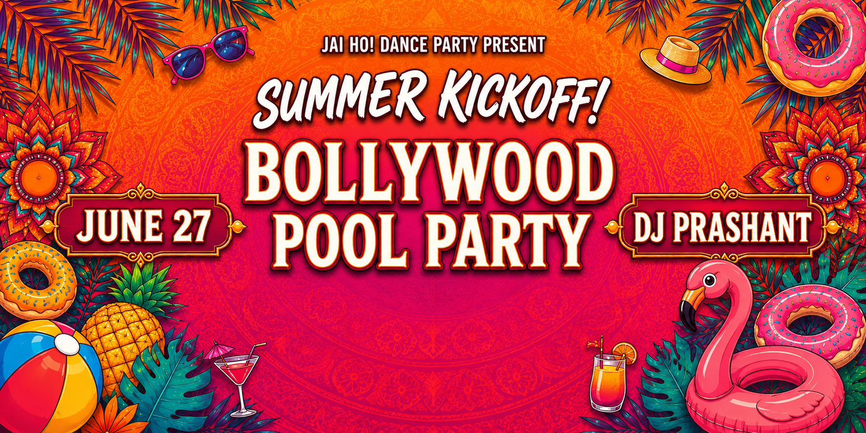 Summer Kickoff Bollywood “Pool” Party at Mirra in Bellevue with DJ Prashant on stage, beach-themed décor, tropical party favors, and a packed 21+ crowd dancing into the night.