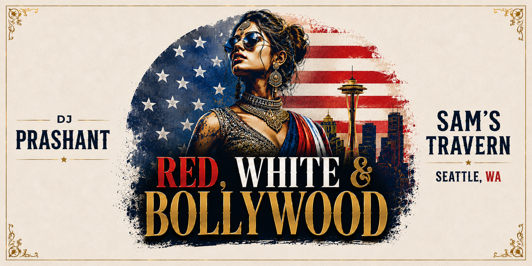 Red, White & Bollywood July 4th party at Sam’s Tavern in Seattle with DJ Prashant on the decks, red‑white‑blue lights, and a packed 21+ dance floor.