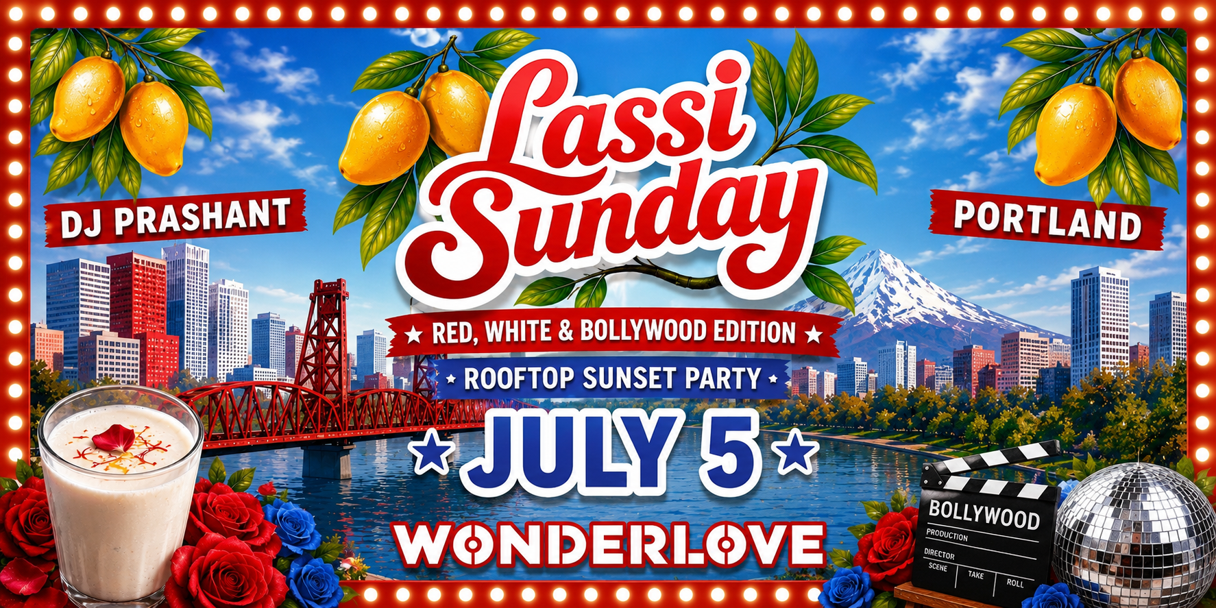 Lassi Sunday Red, White & Bollywood Edition at Wonderlove Rooftop in Portland with DJ Prashant, guests enjoying rooftop views and dancing during a limited-capacity day party.